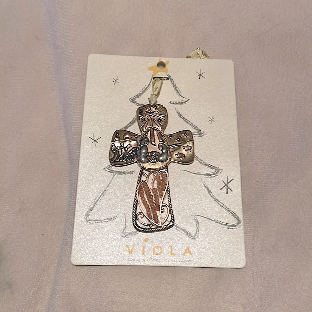 Christmas Ornament by Viola Lovely Nativity Scene ornament gold toned.